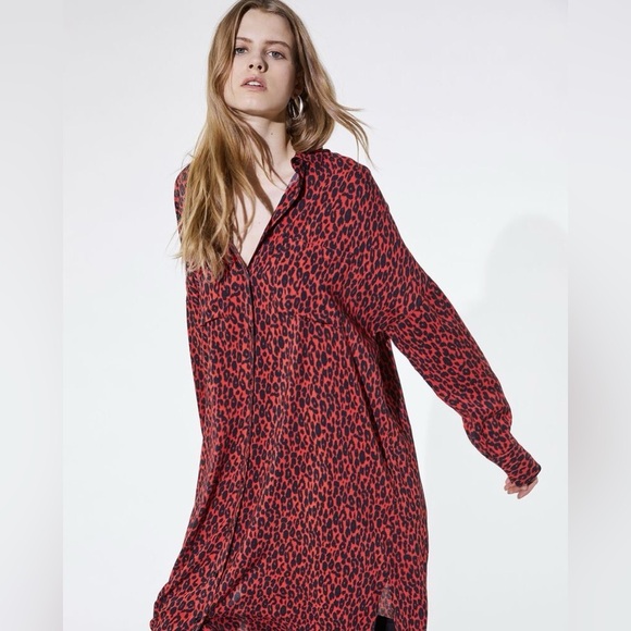 IRO / Pirae midi shirt dress button down Dress red leopard 40 large L - Picture 2 of 7